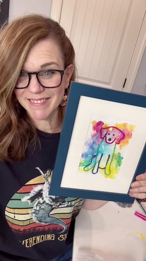 This simple pet portrait is something anyone can do! You could even skip the yarn and just do a black outline instead! Or just do the outline with no paint. Do what feels like fun for you! Also my earrings are from @meeshmade 😊 #petportrait #petportraitdiy #doglover #petlover #makersoftiktok