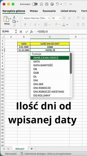 Ilość dni od wpisanej daty #excel #proste #triki #workfromhome #work #tutorial #office #trick