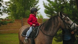 horse riding for children in nature, cute toddler is sitting on pony back and walking in forest