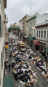 The Dragon Gate was blocked by a mountain of trash. 🐉🗑️➡️🏮 San Francisco’s Chinatown is a legend, but this morning, Grant Avenue was buried under tons of garbage. The Cable Car couldn't even pass! It took a fleet of trucks and a community of heroes to clear the way. But look at it now! The lanterns are up, the lions are dancing, and the Golden Gate city is shining again. Gung Hay Fat Choy! 🧧🚋 #ChinatownSF #SanFrancisco #CableCar #TrashTag #CommunityCleanup #LionDance #CulturalHeritage #Befo