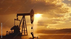 Pumpjack operating in an open field under a dramatic sky, symbolizing the extraction of oil and gas.