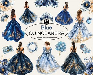 Watercolor Blue Quinceanera Clip Arts, Wedding Prom Dresses, DIY Invitation, Mexican Style Gown, Princess Elements, Party Decorations - Etsy