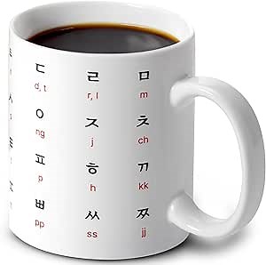 BICETTO 한글 12oz Korean Ceramic Coffee Cup with Stunning Hangul & English Alphabet Pattern - Ideal Mug for Coffee & Language Enthusiasts - Durable - Premium Korean Gift (Academic Red)
