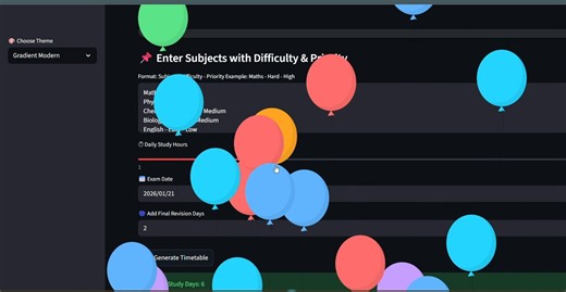 cs.student.hub on Instagram: "“Built an AI-powered Study Planner with smart scheduling, difficulty-based planning, multiple themes, and a premium UI. One click → full timetable, charts, notes, and study insights. Leveling up productivity with AI ✨📘” #AIProject #StudyPlanner #StudentTool #ProductivityApp #StreamlitApp #PythonProject #TechInnovation #AIDevelopment #CodingLife #DeveloperJourney #StudySmart #AppDevelopment #ModernUI #ExamPrep"