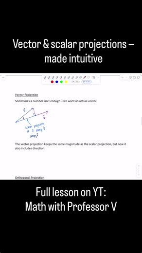 f vector projections never really made sense, this is the explanation I wish I’d had as a student. Scalar vs vector vs orthogonal projections — explained geometrically, not just as formulas. Full video is up now on my channel 🤍 Xoxo, Professor V #LinearAlgebra #Calculus3 #VectorProjection #CollegeMath #MathWithProfessorV
