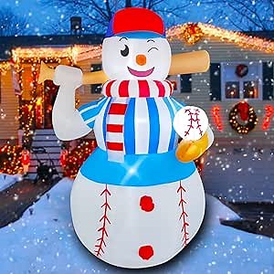 SEASONBLOW 6 FT LED Light Up Inflatable Christmas Baseball Snowman Decoration for Yard Lawn Garden Home Party Indoor Outdoor