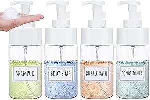 Segbeauty Foaming Soap Dispenser, 4 Packs 16.9oz Clear Plastic Foaming Pump Bottle Containers, 500ml Empty Refillable Foam Hand Soap Lotion Dispenser Set with Waterproof Labels for Bathroom Kitchen
