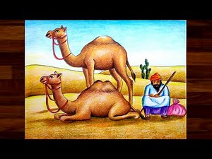 Desert scenery drawing with camel step by step / Camel scenery drawing easy