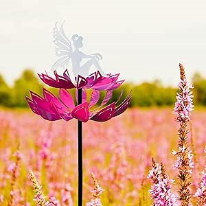 Fairy Sitting on Purple Metal Flower Wind Spinner, 360° Swivel Lotus Windmill Wind Sculpture Yard Art Pinwheels Decorative Stake for Outdoor Patio Garden Decoration