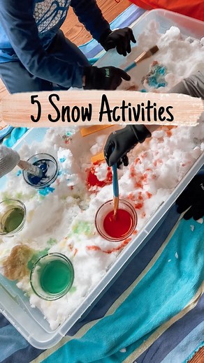 5 activities with snow! 1. Paint the snow: take your water color paints outside and paint snowballs! 2. Squirt bottle designs: fill squirt bottles with water. Add a couple of drops of food coloring to the water. Mix. Spray designs into the snow! 3. Volcano snow: create a snow volcano around a cup. Fill the cup with baking soda (we filled ours about 3/4 of the way full). Mix a few drops of food coloring into vinegar and pour into the cup of baking soda to create a “volcano eruption.” 4. Ice heart