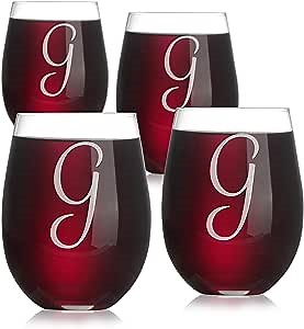 Monogram Single Letter G Set of 4 - 20oz Stemless Wine Glasses | Personalized Gift with Laser Engraving and Chip Resistant Rim