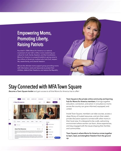 💜 Every mom deserves a place to feel seen, supported, and connected.💜 That’s why we’re so excited to share what’s coming. Moms for America 2.0 is launching soon with a brand‑new website built just for you. And at the center of it all is Moms Town Square — a welcoming community hub where moms can gather, learn, share, and take action together. It’s free. It’s easy. And it’s designed so no mom ever feels alone again. A beautiful new space especially for Moms For America is on the way. #momsforam