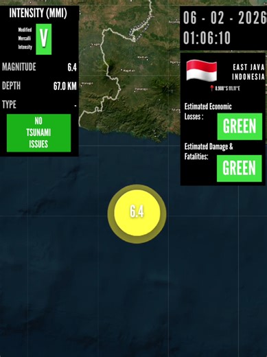 Prelim M 6.4 - 90 km S of Pacitan, East Java, Indonesia. February 6, 2026 #earthquake #earthquakes #terremoto #temblor #sismo #deprem #potres #gempa #地震 #lindol #linog #seismo #tremor #زلزال #지진 #potres #землетрясение #pacitan #jatim #indonesia #alertasismica #fyp #foryou