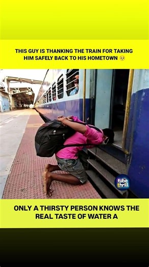 THIS GUY IS THANKING THE TRAIN FOR TAKING HIM SAFELY BACK TO HIS HOMETOWN