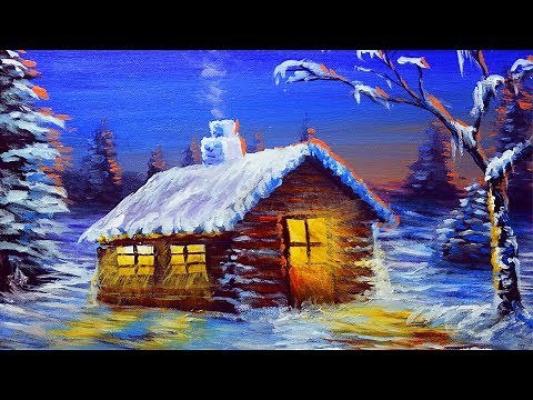 Acrylic Landscape Painting during Winter Night Sunset with House | BASIC PAINTING TUTORIAL BEGINNER