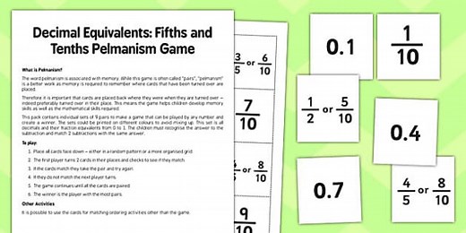 Year 6 Decimal Equivalents Fifths and Tenths Pelmanism Game