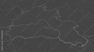 Oxfordshire, administrative county with its capital, zoomed and extruded on the bilevel map of England in the conformal Stereographic projection. Animation 3D