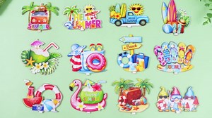 Wesiti 12 Pcs Summer Table Decor Wooden Summer Beach Table Centerpieces Beach Pool Balls Palm Tree Flamingo Tabletop Topper Tropical Hawaii Tiered Tray Decor for Kitchen Holiday Pool Party Supplies