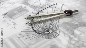 Blueprints - compass, drawing of the golden section and drawings of antique decorative elements of architectural orders / seamless looping