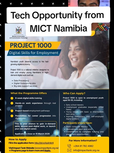 Do not miss out this opportunity. Partnering with ImpactTank, the Ministry of Information and Communication Technology brings you this 8 week program. Apply before it closes. I can't wait to see the structure of the program.👨‍💻🔥 #bootcamp #digitalskills #coding #namibia