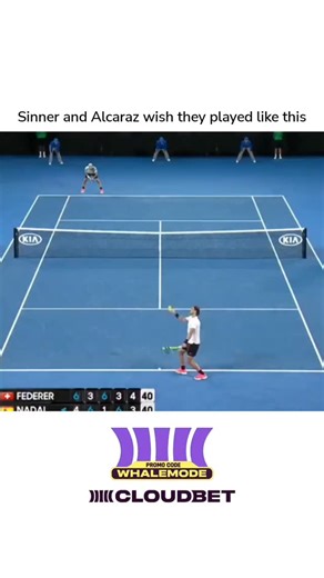 The tennis Verse on Instagram: "Play now @cloudbetofficial” The post shares a 54-shot rally from Roger Federer and Rafael Nadal's 2009 Australian Open semifinal, where Federer's backhand winner ends an epic baseline exchange, captioned to provocatively suggest it surpasses the play of current stars Jannik Sinner and Carlos Alcaraz. Replies highlight a generational tennis debate, with newer fans praising Sinner and Alcaraz's faster pace and intensity—averaging 5+ shots per point in recent matches