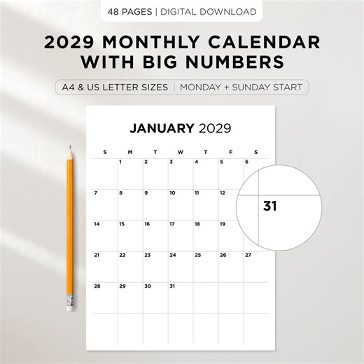 Large Print Monthly Calendar 2029 | Sunday & Monday Start | Big Numbers Wall Calendar | A4 and Letter Size | Instant Download - Etsy