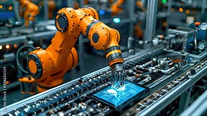 Industrial robot arms working in factory production line. Concept of artificial intelligence for industrial revolution and automation manufacturing process