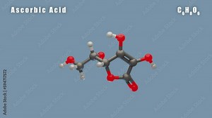 Ascorbic Acid molecule of C6H8O6 3D Conformer animated render. Food additive E300. Isolated background and alpha layer, seamless loop.