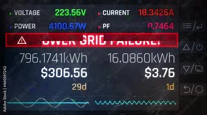 Electricity meter with broken screen showing warning message, power grid failure. Power plant failure, electricity outage, storm