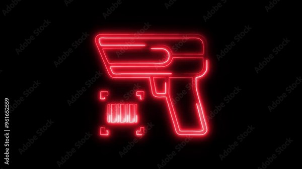 Neon Barcode Scanner Gun Icon Video HD - Glowing Technology Symbol for Barcode Scanning Device on Black Background Animation for Inventory and Retail Solutions