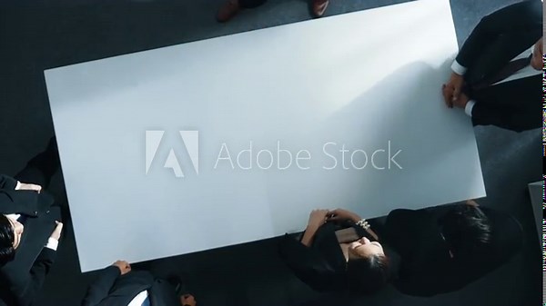 Top down aerial view of business team shaking hand and clapping hands to celebrate young businesswoman getting promotion. Diverse business people congratulate for successful project. Directorate.