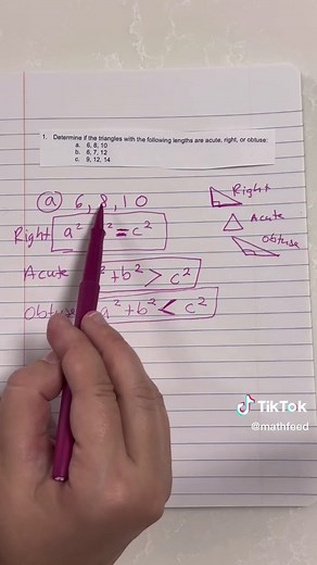 1A) Determine if the triangles with the following lengths are acute, right or obtuse: 6, 8, 10 . . . . #mathfeed #math #mathproblems #solvingmathproblems #trigonometry #trigproblems #triangles #squareroot #squareroots #fyp #fypシ