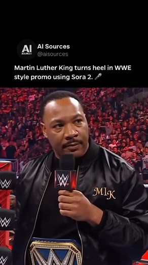 AI | Technology on Instagram: "So, this video clip is a wild one! It’s been made using OpenAl’s new Sora 2 video generation model, and it shows Martin Luther King Jr. as a WWE champion in a packed arena. In the 10-second clip, MLK is delivering a heel-turn promo, complete with a championship belt and a microphone, turning his civil rights legacy into some pro wrestling trash talk. It’s hilarious and shocking at the same time, and it blew up big time, racking up 44k likes and 2.9M views in just 4