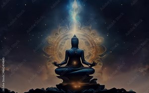 Stone abstract statue of buddha with mandala esoteric background