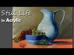 Realistic Still Life in Acrylic : Jug, Dish, Fruits painting step by step