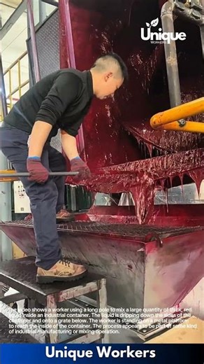 Industrial Process: Worker Mixing Red Liquid in Large Container