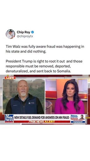 Tim Walz was fully aware fraud was happening in his state and did nothing. President Trump is right to root it out and those responsible must be removed, deported, denaturalized, and sent back to Somalia. | Chip Roy