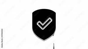 Black Shield with check mark icon isolated on white background. Protection symbol. Security check Icon. Tick mark approved icon. 4K Video motion graphic animation