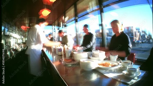 Dynamic Diner Timelapse Scene : Waiter Serves Food to Customers in a Bustling Restaurant with Bright Sunlight