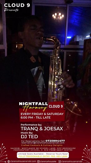 🎶 Join us for an Unforgettable Jazz night every Friday & Saturday at Cloud 9 Restaurant & Bar! 🎶 🌟 Limited Seats Available! Reserve Yours Today! 🌟 🎟️ Entry Fee: KES 1,000 🎟️ Fully Redeemable on Your Dining Experience! 🎷 Enjoy the Smoothest Jazz Tunes in Town 🎷 🍽️ Indulge in Exquisite Cuisine 🍽️ 🍸 Savor Signature Cocktails 🍸 Don’t miss out on an enchanting evening of music, fine dining, and great company. Hurry, book your spot now as seats are filling up fast! 📞 For Reservations, Con