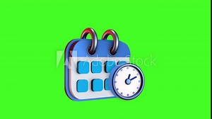 3D animation of calendar and clock icon on green screen. Time management and scheduling concept.