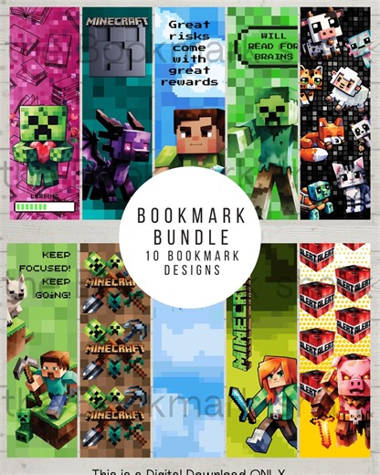 10 Minecraft Printable Bookmarks | Digital Download | Pixel Art Bookmarks for Kids | Gamer Gift | Minecraft Party Favor | Instant Download - Etsy