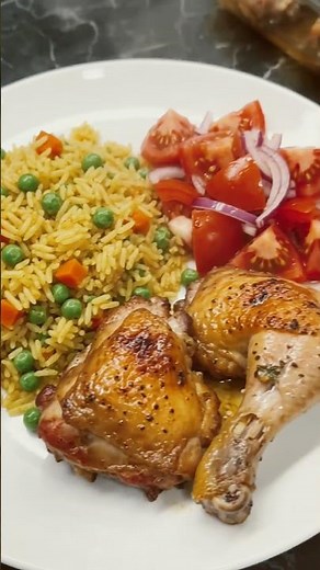 Oven Roasted Chicken Thighs | Baked Crispy Chicken Laps with Fried Rice & Tomato Salad Recipe