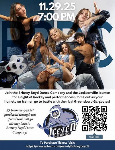 BBDC is hitting the ice! 🏒✨ We’re performing at the Jacksonville Icemen game on Nov 29, 2025 — and we want the whole fam there cheering us on! 🎟️ Scan the QR code on the flyer to grab your tickets 💛 Share it with friends, family & everyone you know 🖤 Let’s fill the arena and show Jax what BBDC is all about! | Britney Boyd Dance Company