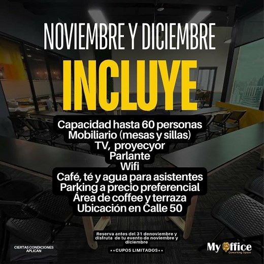 Sala para eventos corporativos 50% off noviembre y diciembre en MyOffice Panamá