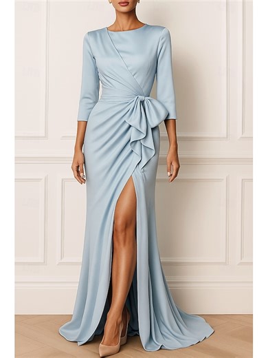 A-Line Floor Length Prom Dresses Evening Gown Ball Gown Elegant High Split 3/4 Length Sleeve Crew Neck Formal Wedding Satin with Bow(s) Pleats Ruffles 2025