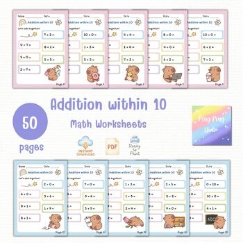 Addition Within 10 Worksheets | 50 Math Practice Pages | Kindergarten & 1st G