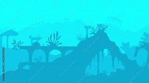 underwater landscape with a flooded city loop cartoon parallax animation