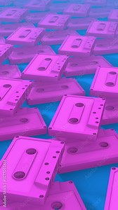 A looping background of endless array of colorful retro 3D cassette tapes.