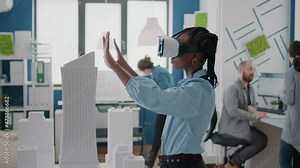 Close up of engineer working with vr glasses to plan building model and architectural layout. Architect designing construction structure, using virtual reality headset for development.